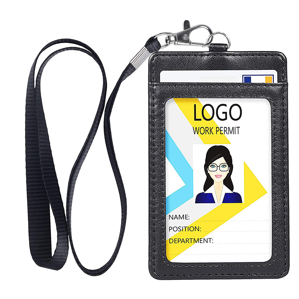 Double PU Leather ID Badge Holder with 1 Clear ID Window & 1 Credit Card Slot and a Detachable Neck Lanyard 