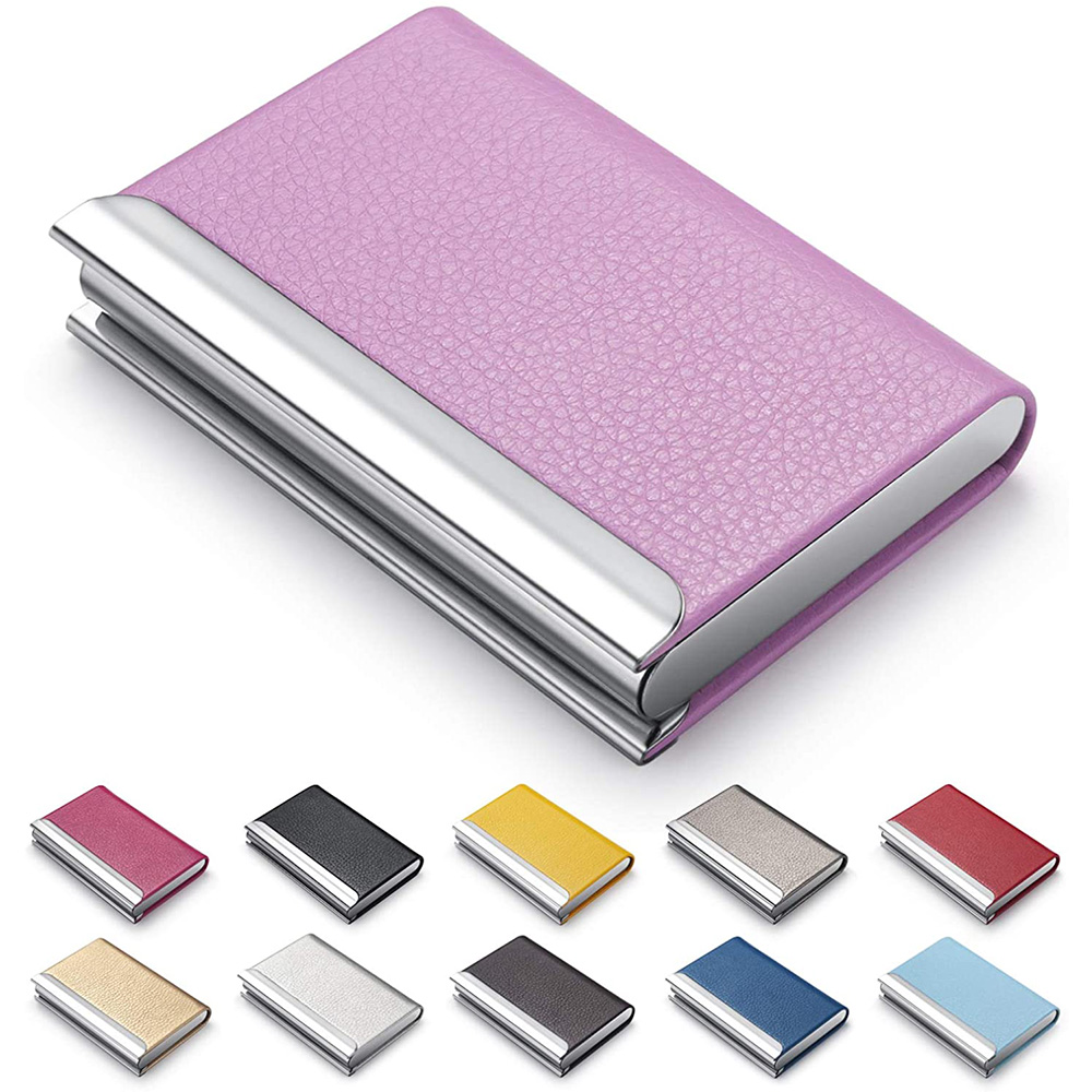 PU Leather Business Card Case Name Card Holder & Stainless Steel Multi Wallet Credit Card ID Case, Slim Metal Pocket 