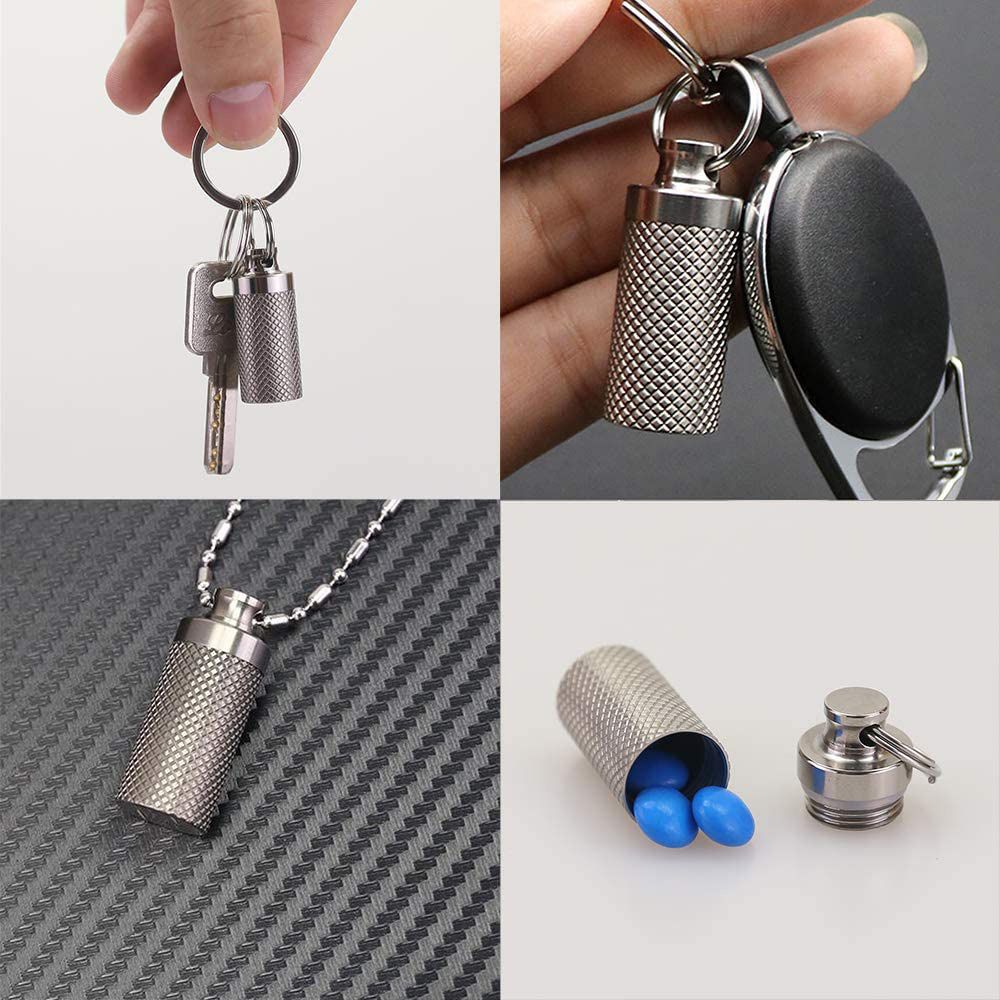 Titanium Waterproof Keychain Pill Holder Container,Portable Mini Size Pill Box Case for Outdoor Camping 