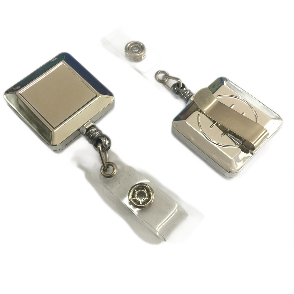 Chrome silver square retractable yoyo badge holder