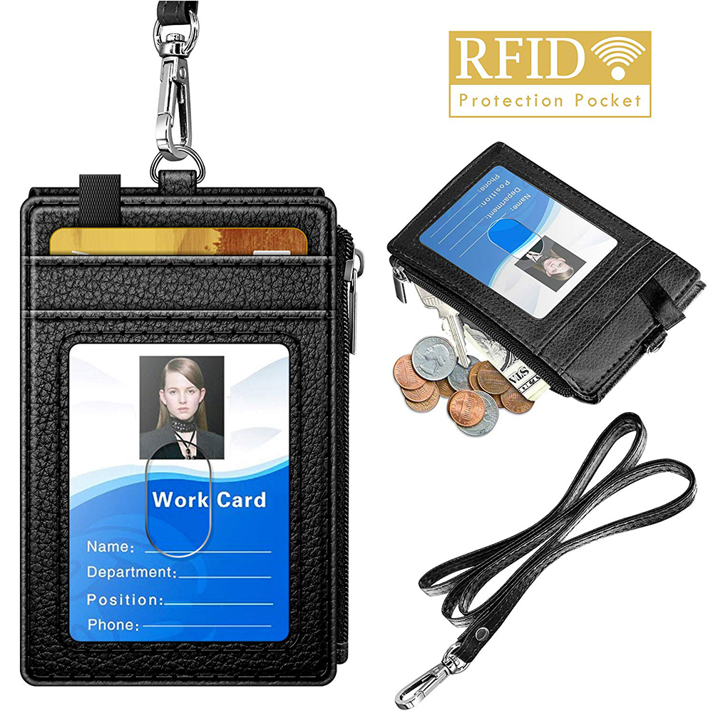 Badge Holder with Zipper, PU Leather ID Badge Card Holder Wallet with 5 Card Slots 