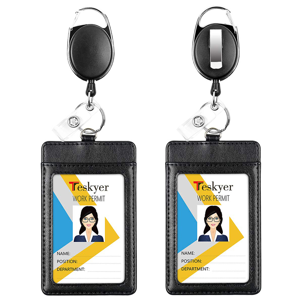 Hot sell in amazon Leather Badge Holders  Heavy Duty Retractable Badge Reels Set Vertical  ID Card Holders with 2 Card slots