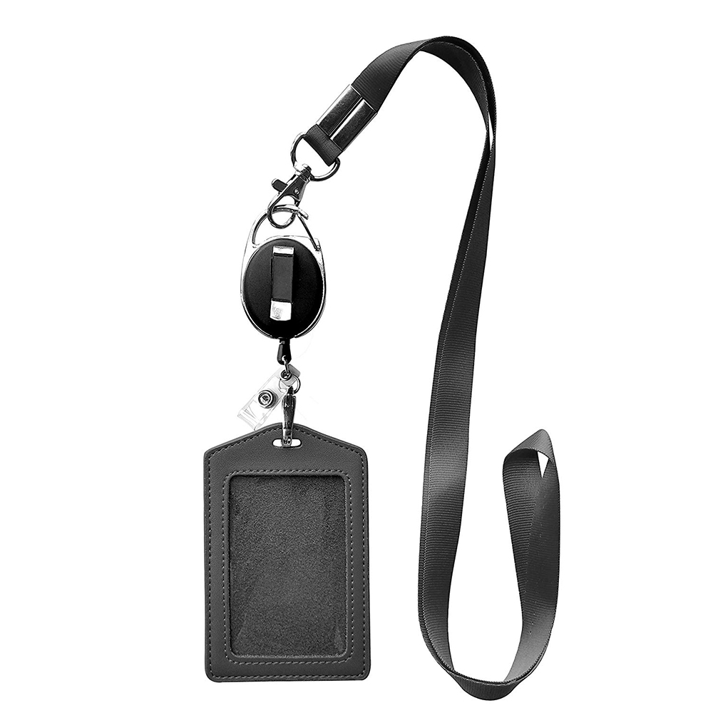Soft Genuine Leather ID Card Case Heavy Duty Lanyard Retractable Badge Reel Carabiner and Plastic Clip 