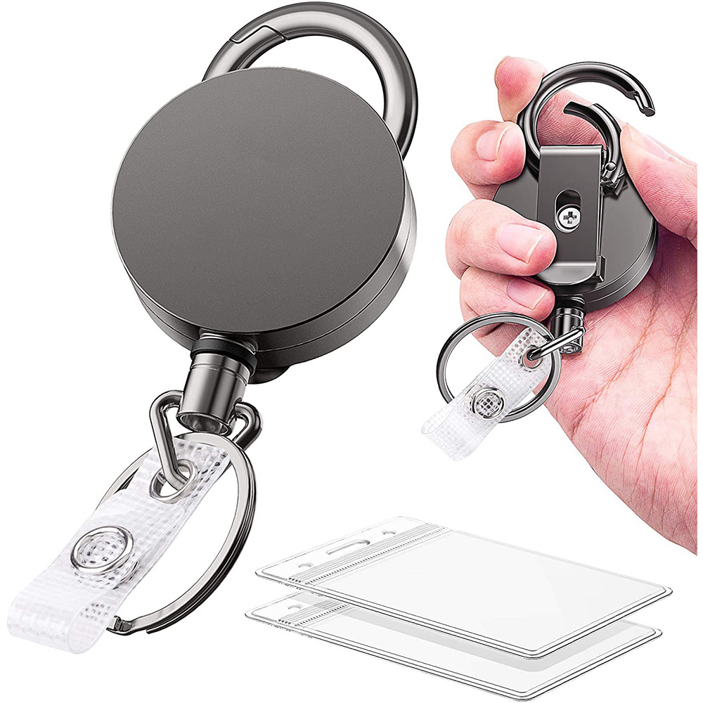 2 Pack Heavy Duty Metal Retractable Badge Holder Reel with Belt Clip Key Ring and Waterproof Vertical Clear ID Card Holder