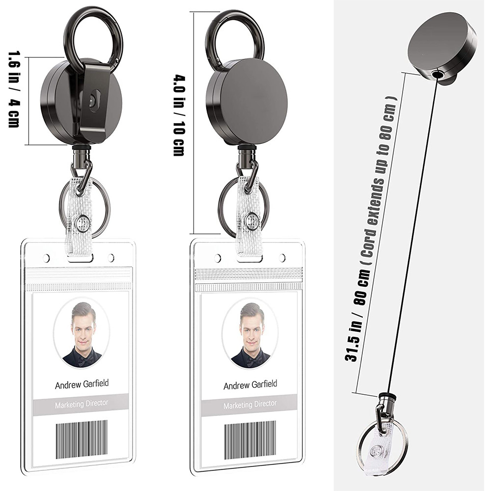 2 Pack Heavy Duty Metal Retractable Badge Holder Reel with Belt Clip Key Ring and Waterproof Vertical Clear ID Card Holder