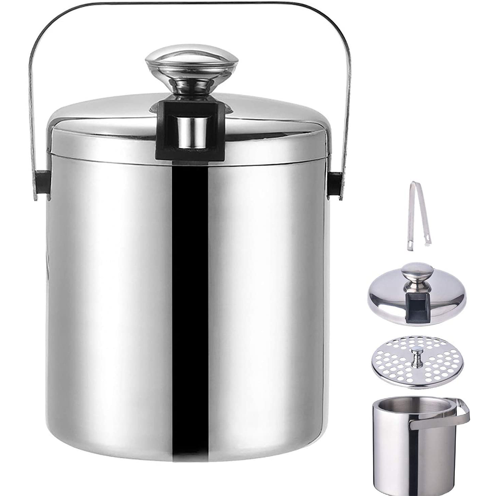 Double Walled Insulated Metal Wine Cooler Aluminum Champagne Beer Bar Ice Bucket With Lid And Tongs
