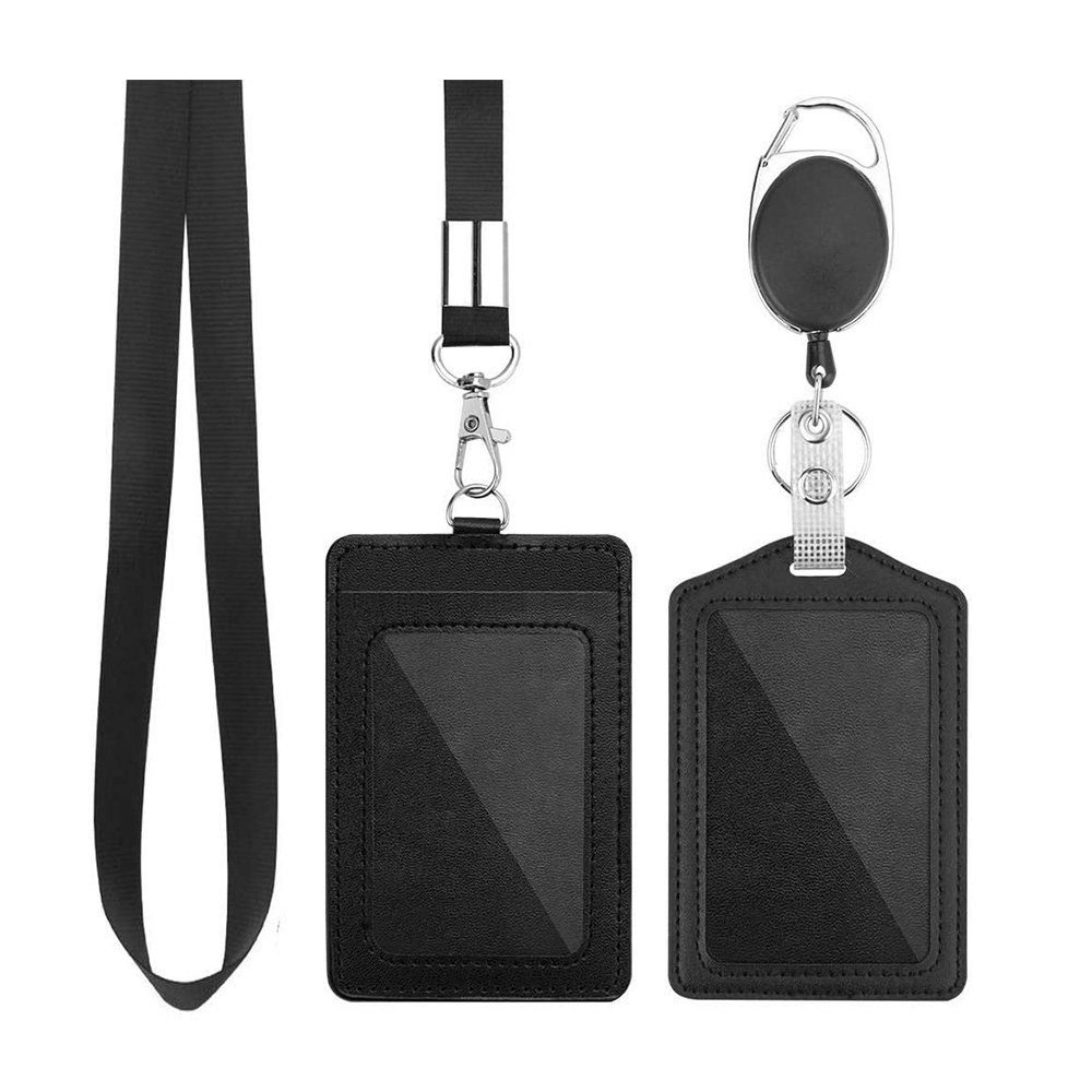 2-Sided PU Leather Small Card Organizer Bag Business Lanyard ID Credit Card holder wallet with Neck Strap 