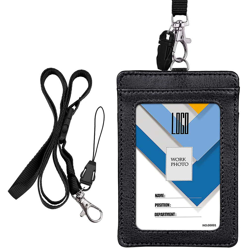 2-Sided PU Leather Small Card Organizer Bag Business Lanyard ID Credit Card holder wallet with Neck Strap 