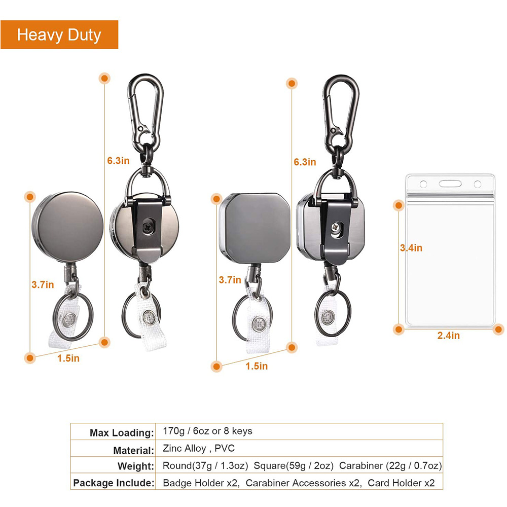 Heavy Duty 2 Pack Durable Metal ID Retractable Badge Reel Card Holder Keychain with Belt Clip 