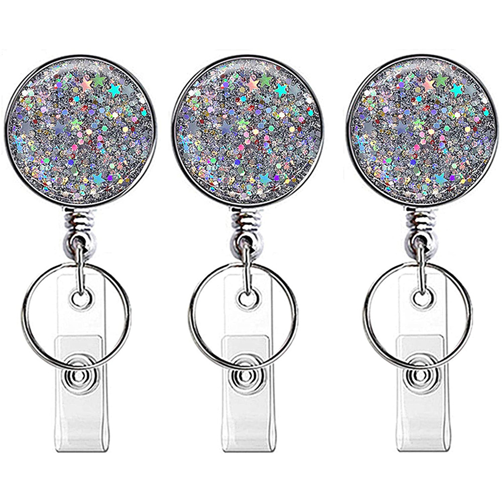 Retractable ID Badge Holder Bling Stars with Belt Clip, ID/Name Card Holder and Key Ring 
