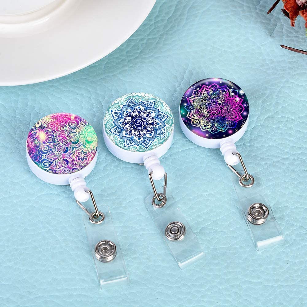 Retractable ID Badge Holder ID Badge Reels with Clip Retractable Badge Holder for Office Worker Doctor Nurse (Mandala 3 Pack)