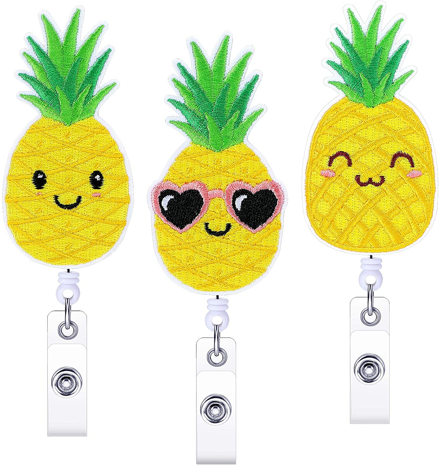 3 Pieces Pineapple Badge Reel Holder Summer Felt Embroidered Retractable Badge Reel Holder with Alligator Swivel Clip