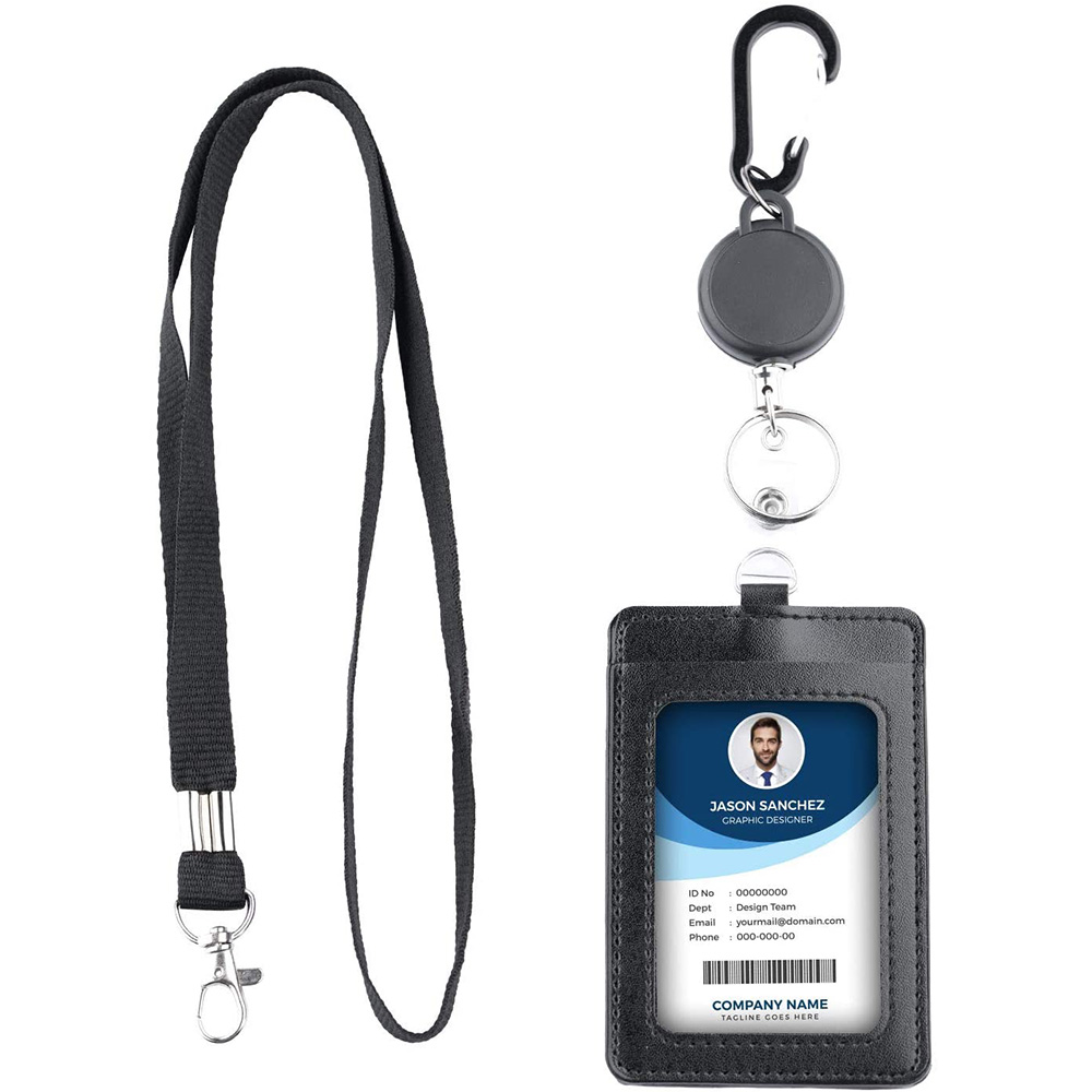 Vertical PU Leather ID Card Holder Heavy Metal Retractable Badge Scroll Card Holder with Neck Lanyard