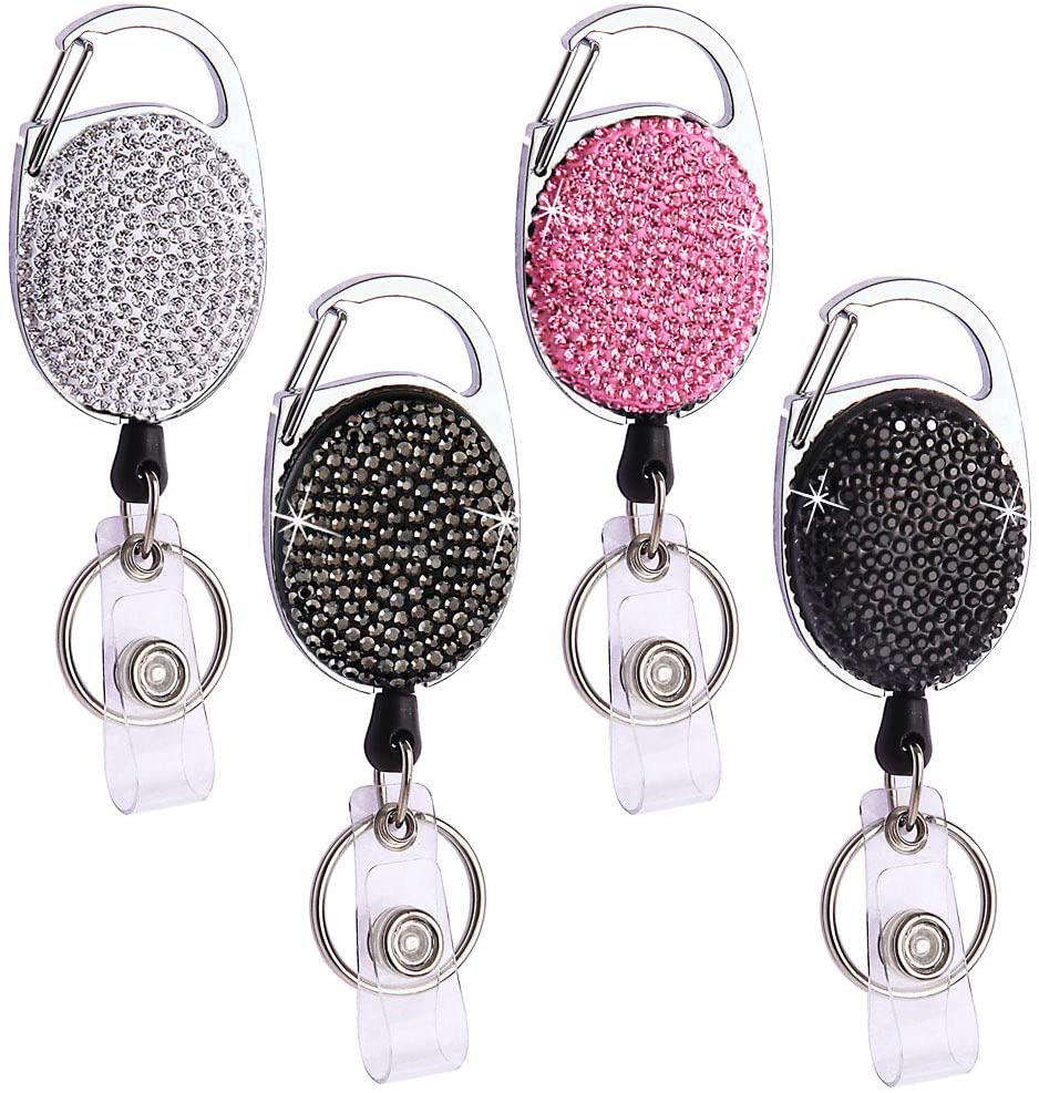 With Carabiner Clip, Key Ring Bling Crystal Badge Holder Cute Rhinestone Gift ID/Name Lanyard Key Badge Reel Clip