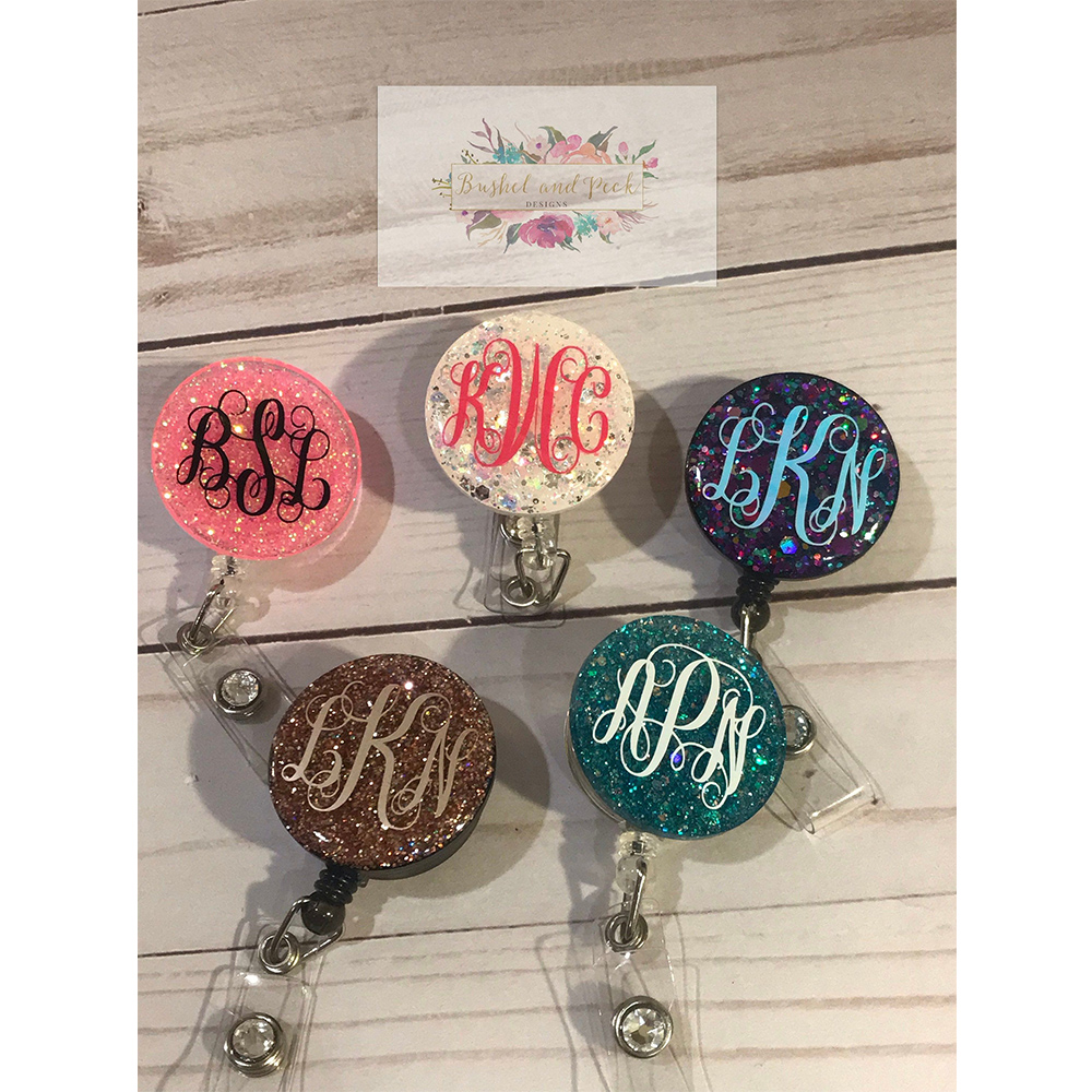 Custom Badge Reels with Glitter Personalized Initial Name Id Holders for Badges Nurses Work Decorative ID Card Holders